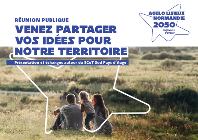 Visuel d'invitation à une réunion publique pour le projet de territoire de Lisieux Normandie