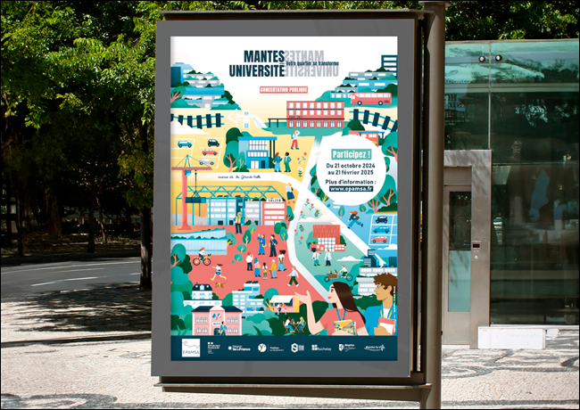 Affiche illustrée réalisée pour la concertation sur l'avenir du quartier Mantes Université