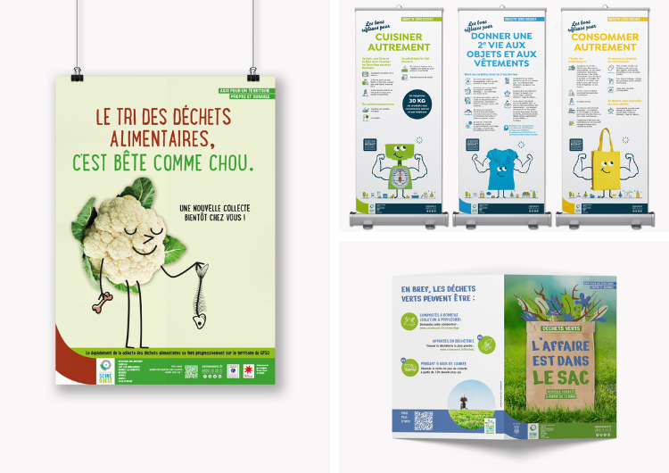 Mosaïque de visuels représentant des missions menées pour Grand Paris Seine Ouest : l'affiche de la campagne sur les déchets alimentaires, des kakemonos d'exposition sur les bons réflexes à adopter pour tendre vers le zéro déchet, ainsi qu'un guide informatif sur les déchets verts. 