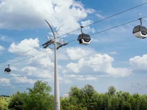 Visuel du projet de téléphérique Câble C1 d'Île-de-France Mobilités, premier téléphérique urbain d'Île-de-France reliant Créteil à Villeneuve-Saint-Georges, accompagné par stratéact