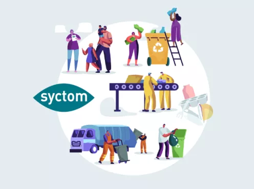 Illustration représentant les différentes missions du Syctom autour de la gestion des déchets ménagers. En haut, on retrouve une animatrice venue sensibilisée une famille ainsi que des citoyens qui participent au tri sélectif. Au centre, deux agents en combinaison travaillent sur une chaîne de tri pour séparer les matériaux recyclables. En bas, des agents collectent les bacs à ordures pendant qu'un homme trie ses déchets ménagers. L’ensemble symbolise les étapes clés du traitement des déchets. 